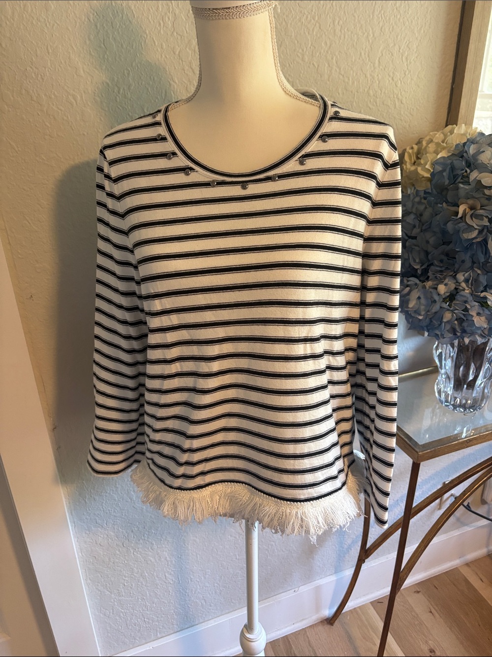 Kate Spade XL Striped Black & White Long-Sleeve Fringe Hem Top